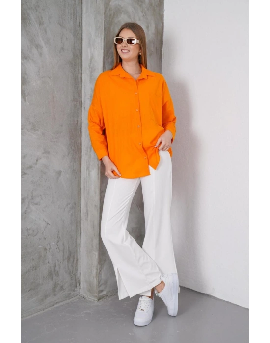 Kadın Turuncu Oversize Uzun Keten Gömlek