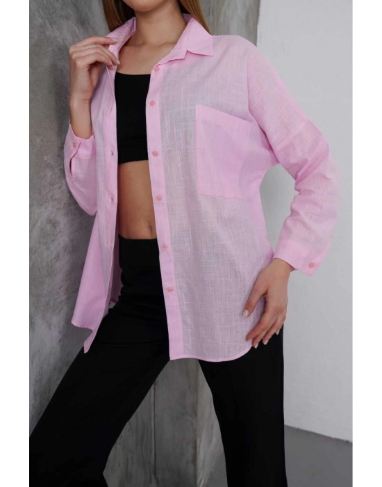 Kadın Pembe Oversize Uzun Keten Gömlek