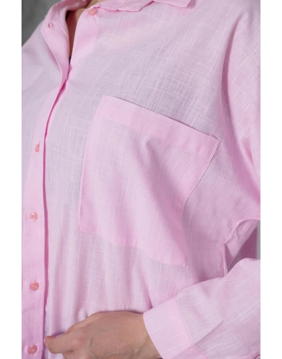 Kadın Pembe Oversize Uzun Keten Gömlek