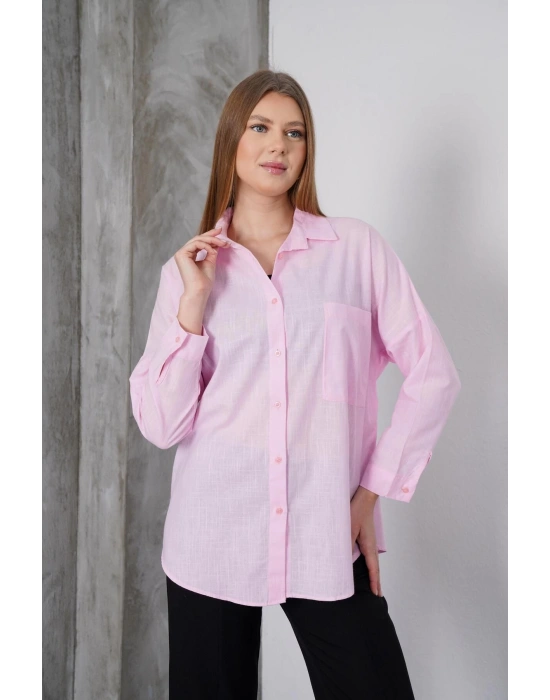 Kadın Pembe Oversize Uzun Keten Gömlek