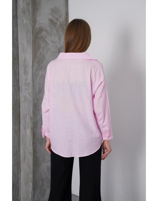 Kadın Pembe Oversize Uzun Keten Gömlek