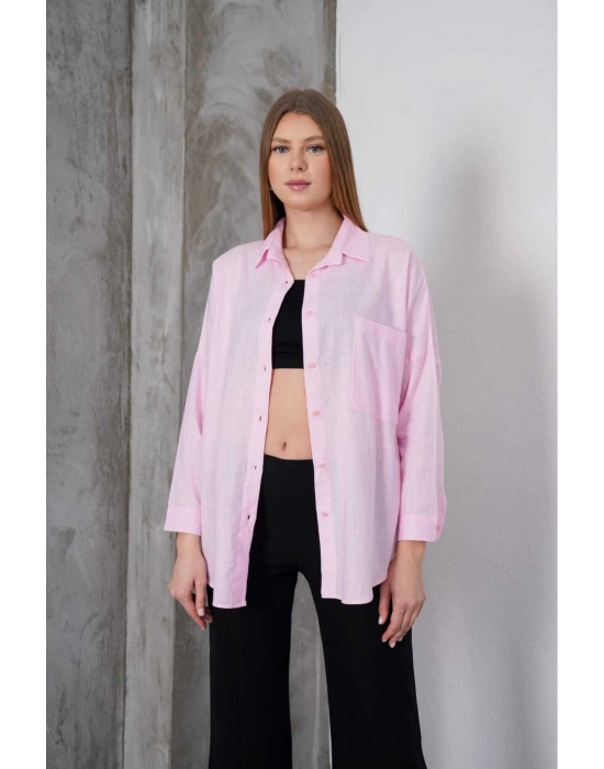 Kadın Pembe Oversize Uzun Keten Gömlek