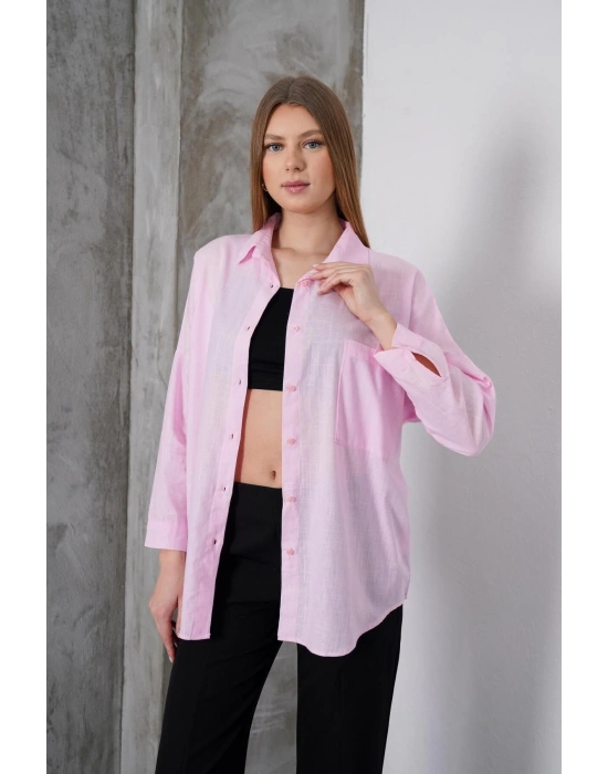 Kadın Pembe Oversize Uzun Keten Gömlek