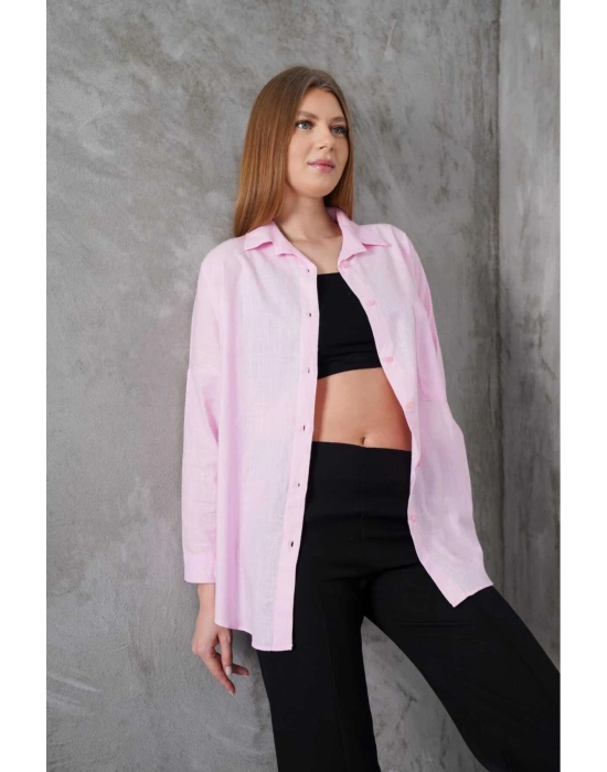 Kadın Pembe Oversize Uzun Keten Gömlek
