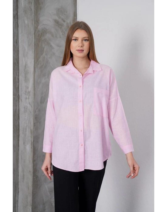Kadın Pembe Oversize Uzun Keten Gömlek