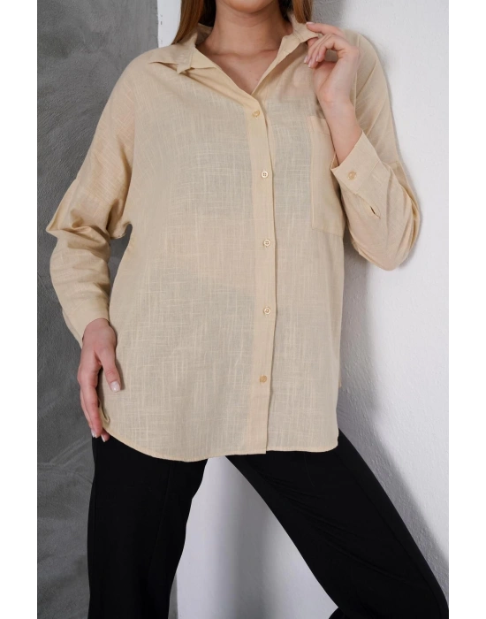 Kadın Taş Oversize Uzun Keten Gömlek