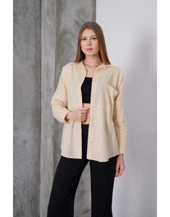 Kadın Taş Oversize Uzun Keten Gömlek