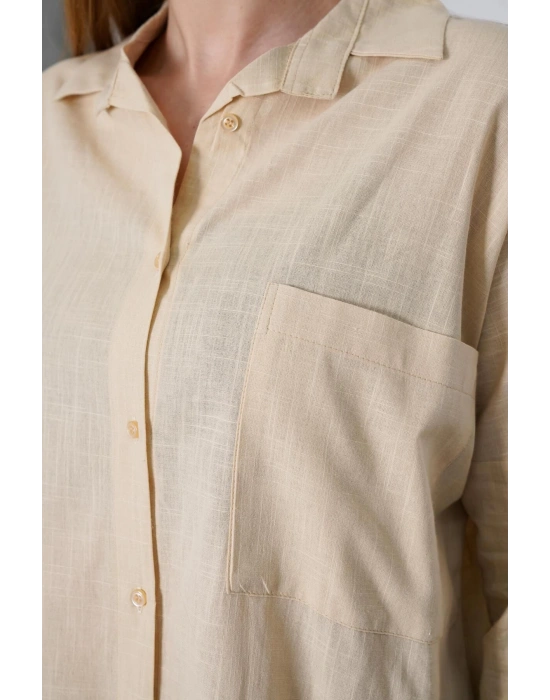 Kadın Taş Oversize Uzun Keten Gömlek