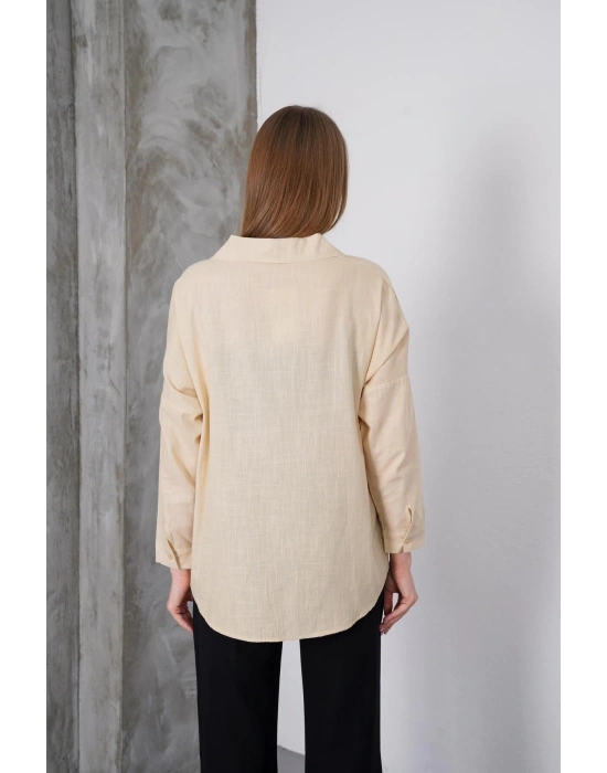 Kadın Taş Oversize Uzun Keten Gömlek