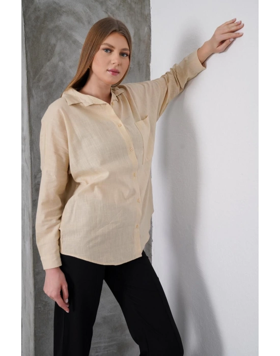 Kadın Taş Oversize Uzun Keten Gömlek