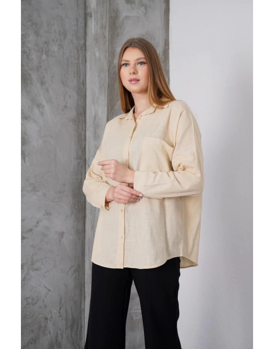 Kadın Taş Oversize Uzun Keten Gömlek