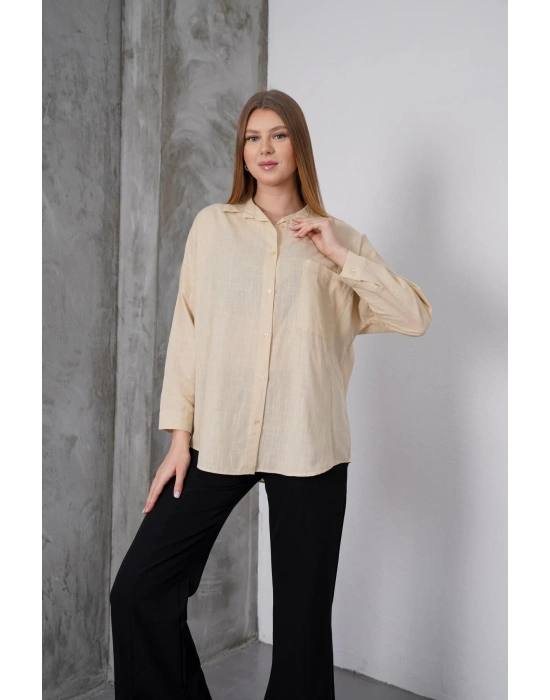 Kadın Taş Oversize Uzun Keten Gömlek