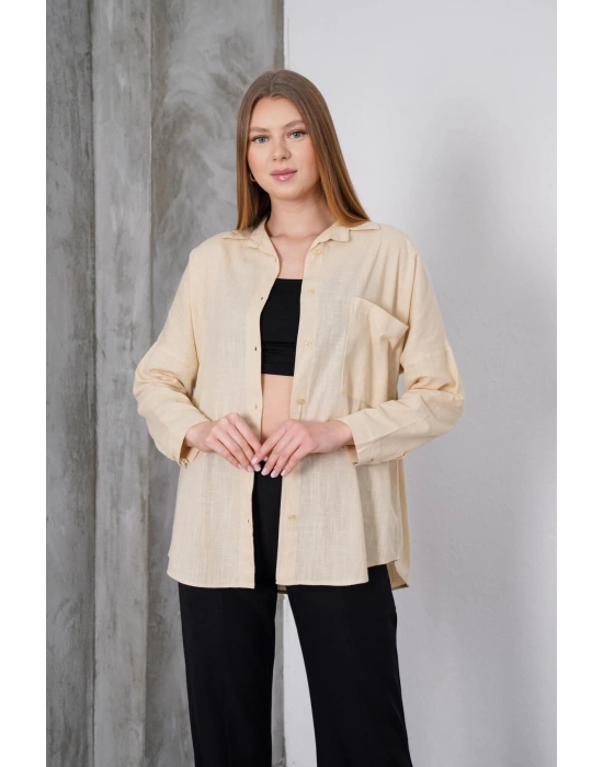 Kadın Taş Oversize Uzun Keten Gömlek