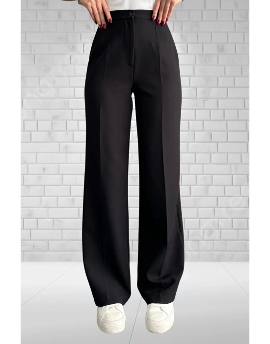 Kadın Siyah Yüksek Bel Krep Kumaş Likralı Palazzo Pantolon