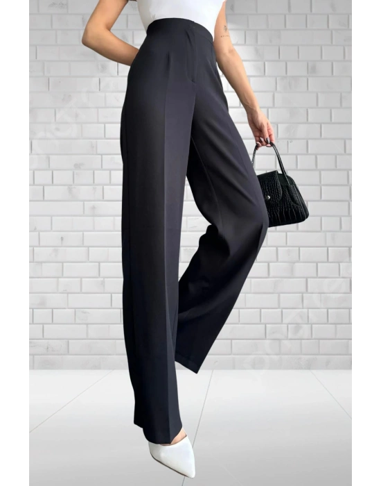 Kadın Siyah Yüksek Bel Krep Kumaş Likralı Palazzo Pantolon