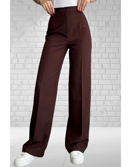 Kadın kahverengi Yüksek Bel Krep Kumaş Likralı Palazzo Pantolon