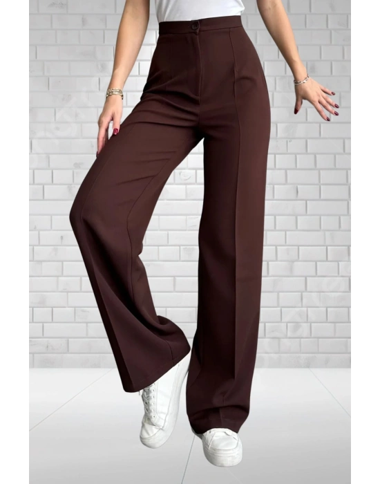 Kadın kahverengi Yüksek Bel Krep Kumaş Likralı Palazzo Pantolon