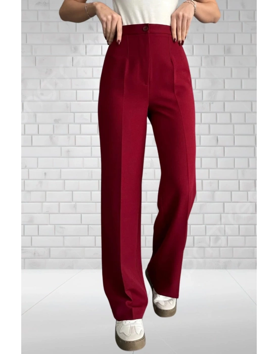 Kadın Bordo Yüksek Bel Krep Kumaş Likralı Palazzo Pantolon