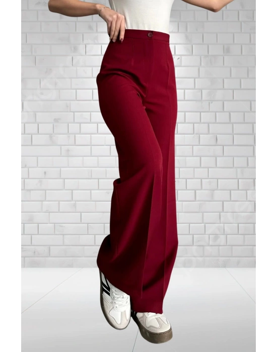 Kadın Bordo Yüksek Bel Krep Kumaş Likralı Palazzo Pantolon