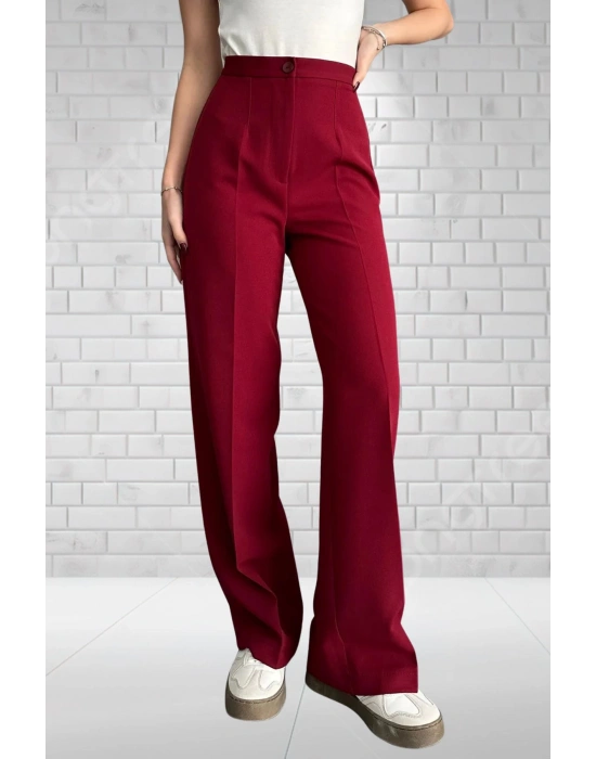 Kadın Bordo Yüksek Bel Krep Kumaş Likralı Palazzo Pantolon