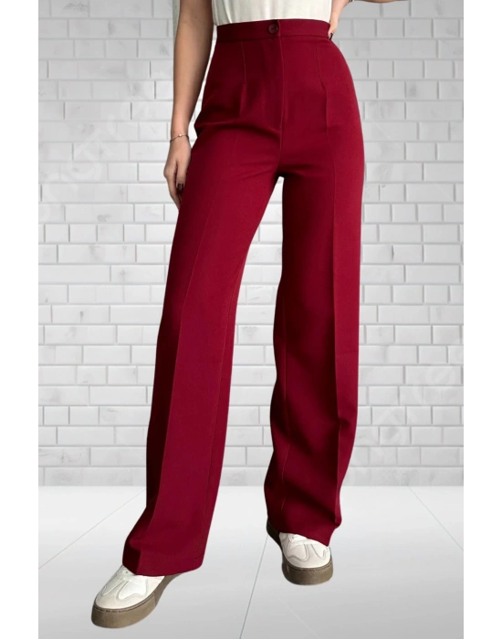 Kadın Bordo Yüksek Bel Krep Kumaş Likralı Palazzo Pantolon