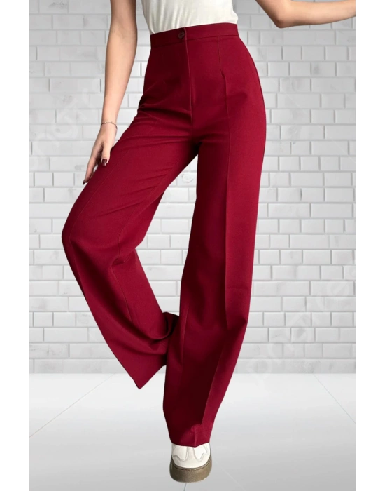 Kadın Bordo Yüksek Bel Krep Kumaş Likralı Palazzo Pantolon