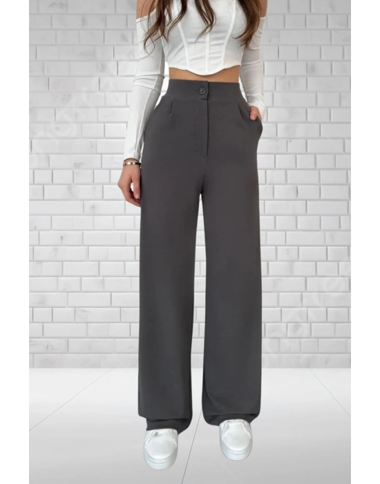 Kadın Antrasit Yüksek Bel Krep Kumaş Likralı Palazzo Pantolon