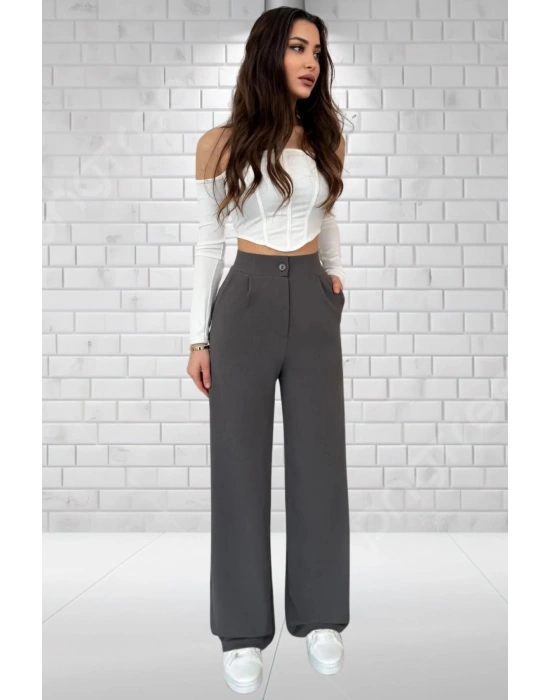 Kadın Antrasit Yüksek Bel Krep Kumaş Likralı Palazzo Pantolon