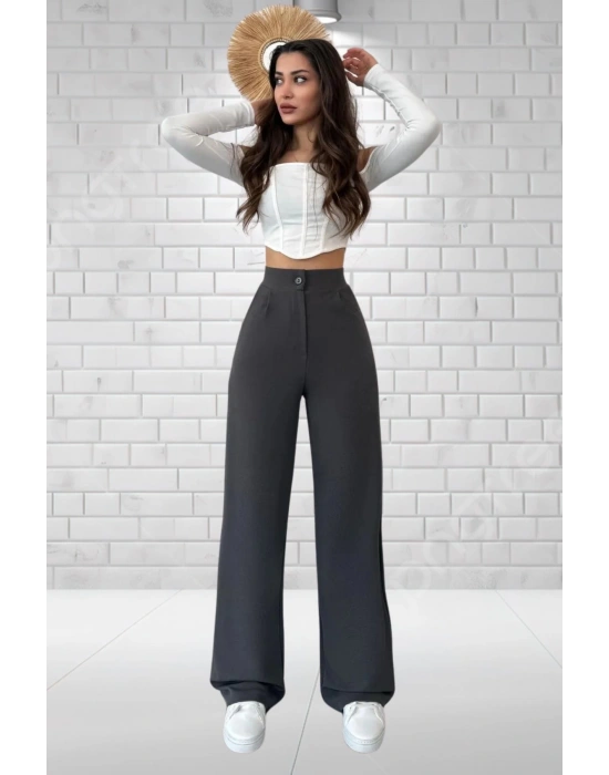 Kadın Antrasit Yüksek Bel Krep Kumaş Likralı Palazzo Pantolon