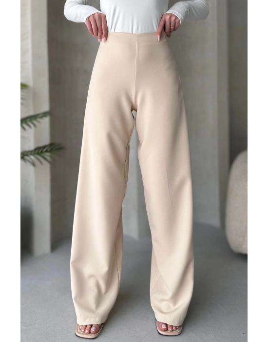 Kadın Ecru Yüksek Bel Geniş Kesim Pantolon