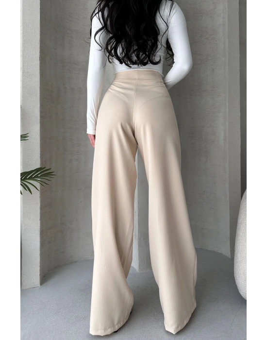 Kadın Ecru Yüksek Bel Geniş Kesim Pantolon