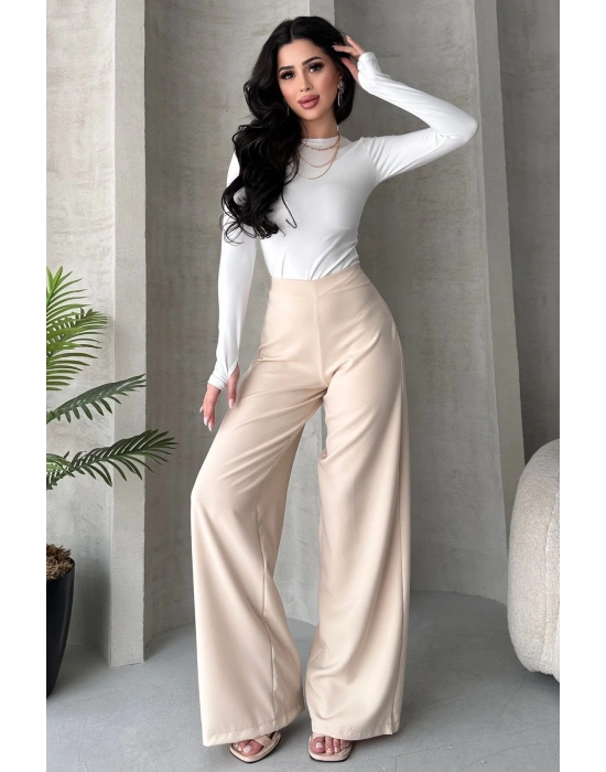 Kadın Ecru Yüksek Bel Geniş Kesim Pantolon