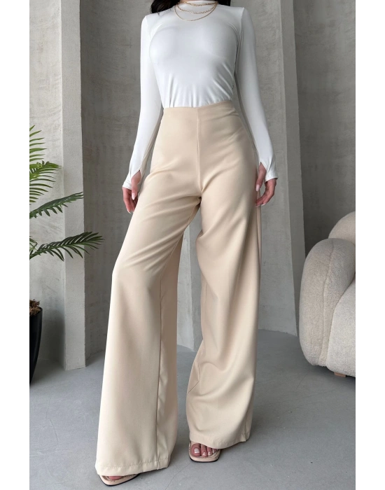Kadın Ecru Yüksek Bel Geniş Kesim Pantolon