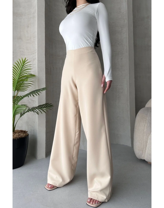 Kadın Ecru Yüksek Bel Geniş Kesim Pantolon