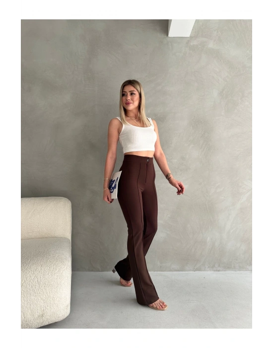 Kadın Kahverengi Büyük Beden Krep Kumaş Likralı Ön Çimalı İspanyol Paça Pantolon
