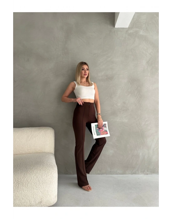 Kadın Kahverengi Büyük Beden Krep Kumaş Likralı Ön Çimalı İspanyol Paça Pantolon