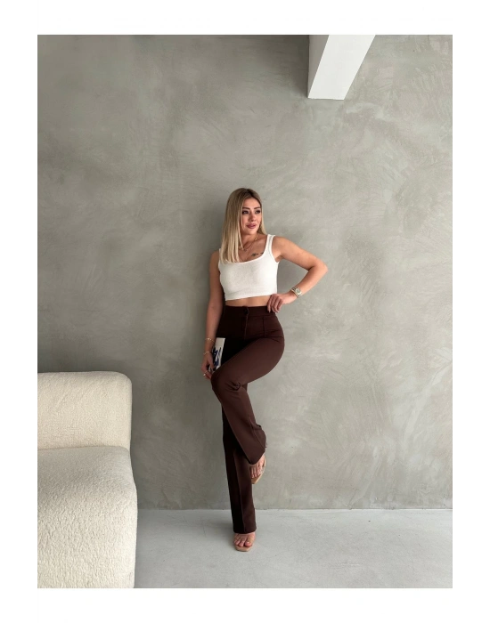 Kadın Kahverengi Büyük Beden Krep Kumaş Likralı Ön Çimalı İspanyol Paça Pantolon