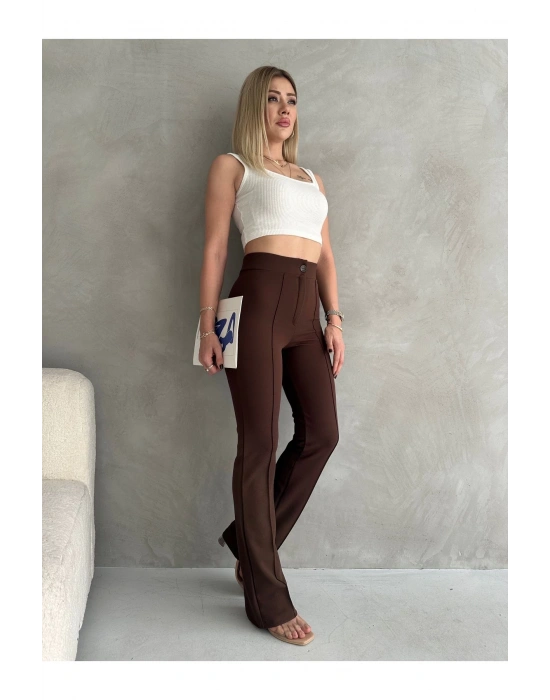 Kadın Kahverengi Büyük Beden Krep Kumaş Likralı Ön Çimalı İspanyol Paça Pantolon