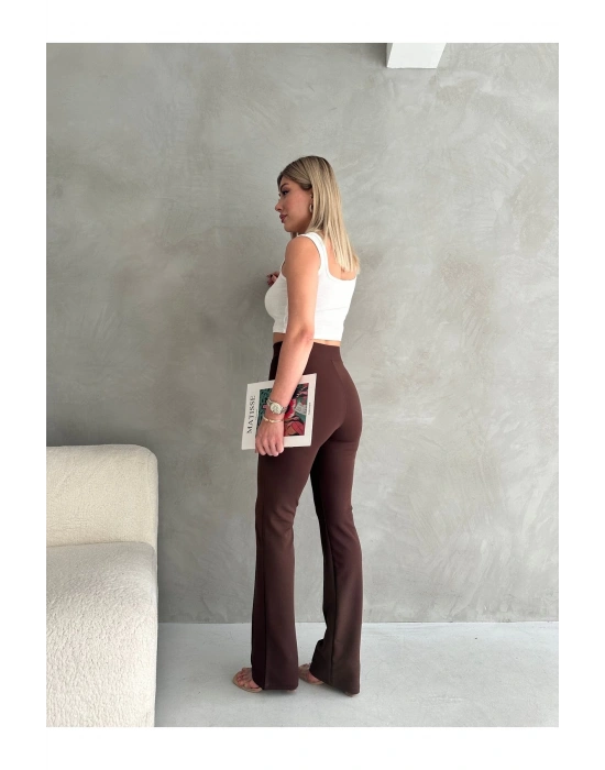 Kadın Kahverengi Büyük Beden Krep Kumaş Likralı Ön Çimalı İspanyol Paça Pantolon