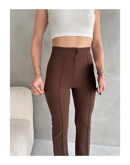 Kadın Kahverengi Büyük Beden Krep Kumaş Likralı Ön Çimalı İspanyol Paça Pantolon