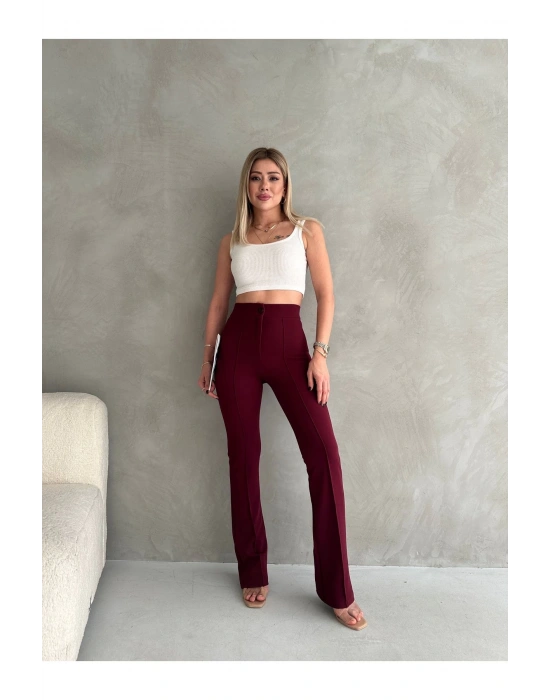 Kadın Bordo Büyük Beden Krep Kumaş Likralı Ön Çimalı İspanyol Paça Pantolon