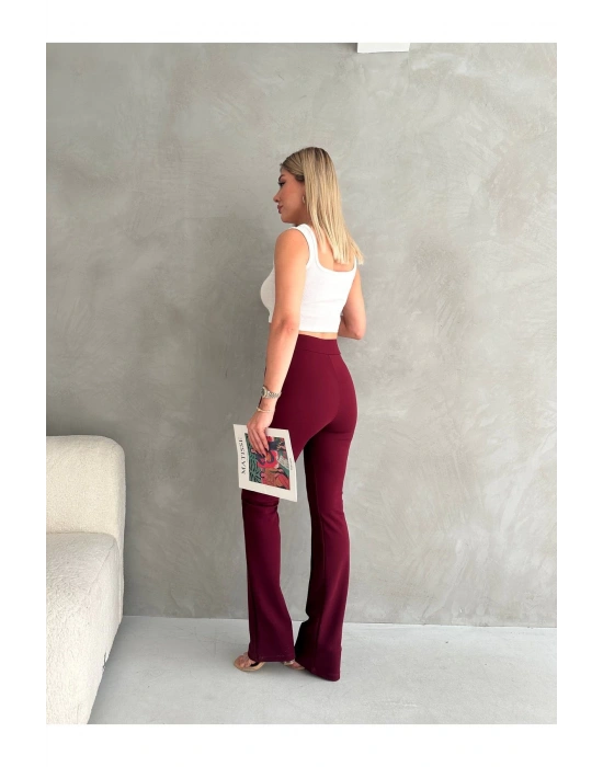 Kadın Bordo Büyük Beden Krep Kumaş Likralı Ön Çimalı İspanyol Paça Pantolon