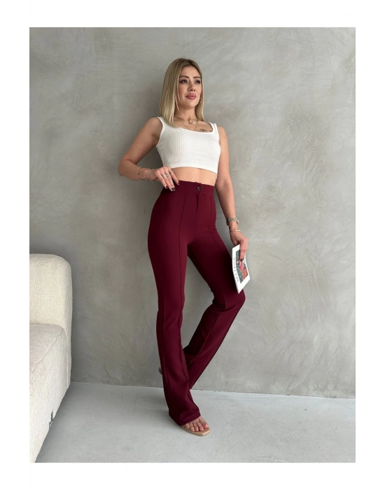 Kadın Bordo Büyük Beden Krep Kumaş Likralı Ön Çimalı İspanyol Paça Pantolon