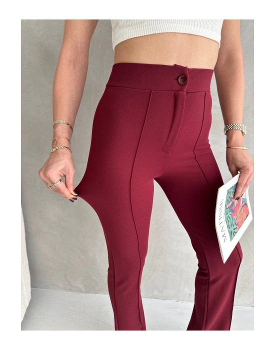 Kadın Bordo Büyük Beden Krep Kumaş Likralı Ön Çimalı İspanyol Paça Pantolon