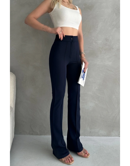 Kadın Lacivert Büyük Beden Krep Kumaş Likralı Ön Çimalı İspanyol Paça Pantolon