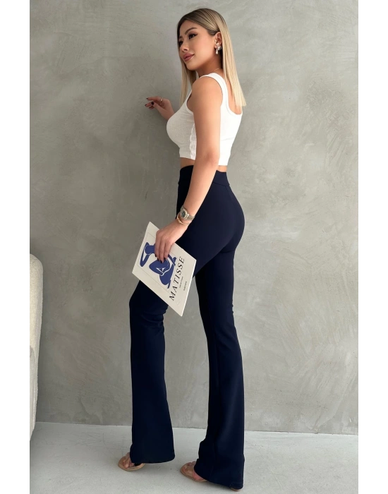 Kadın Lacivert Büyük Beden Krep Kumaş Likralı Ön Çimalı İspanyol Paça Pantolon