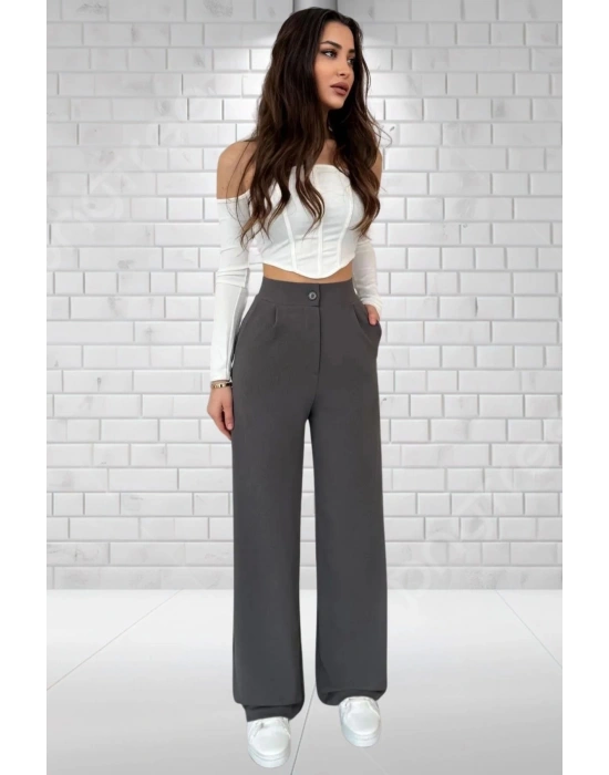 Kadın Antrasit Yüksek Bel Krep Kumaş Likralı Palazzo Pantolon