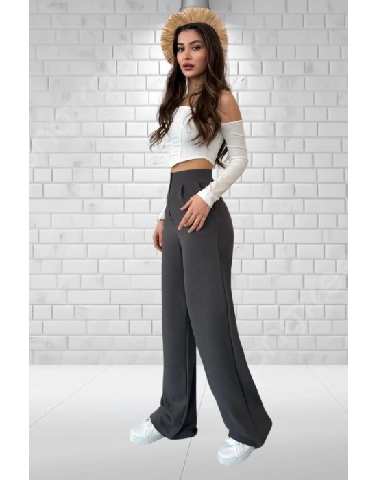 Kadın Antrasit Yüksek Bel Krep Kumaş Likralı Palazzo Pantolon