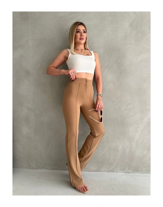 Kadın Açık Kahve  Beden Krep Kumaş Likralı Ön Çimalı İspanyol Paça Pantolon