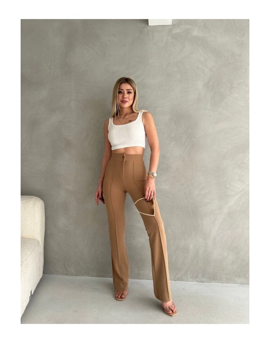 Kadın Açık Kahve  Beden Krep Kumaş Likralı Ön Çimalı İspanyol Paça Pantolon